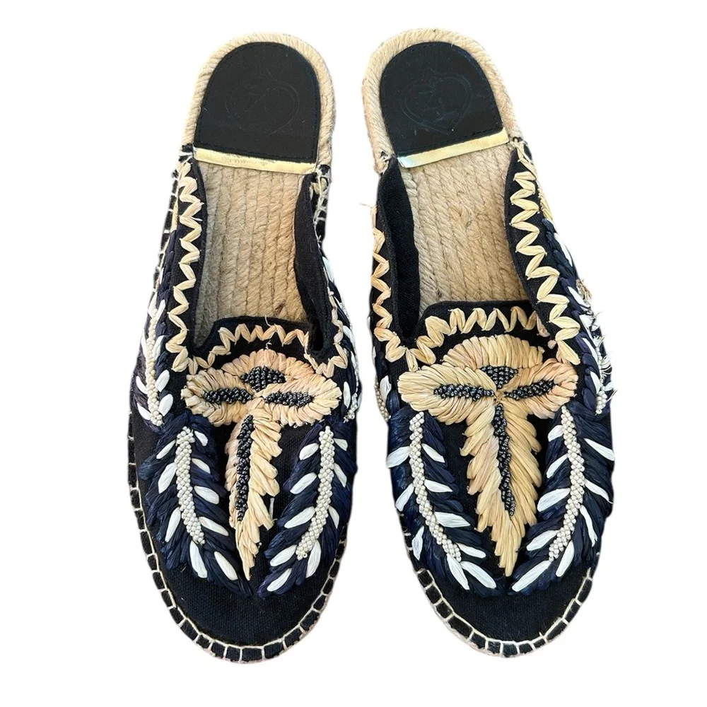 Zi | Women’s Navy/Tan/White Embroidered and Beaded Slip On Espadrille‎ Flats 6.5